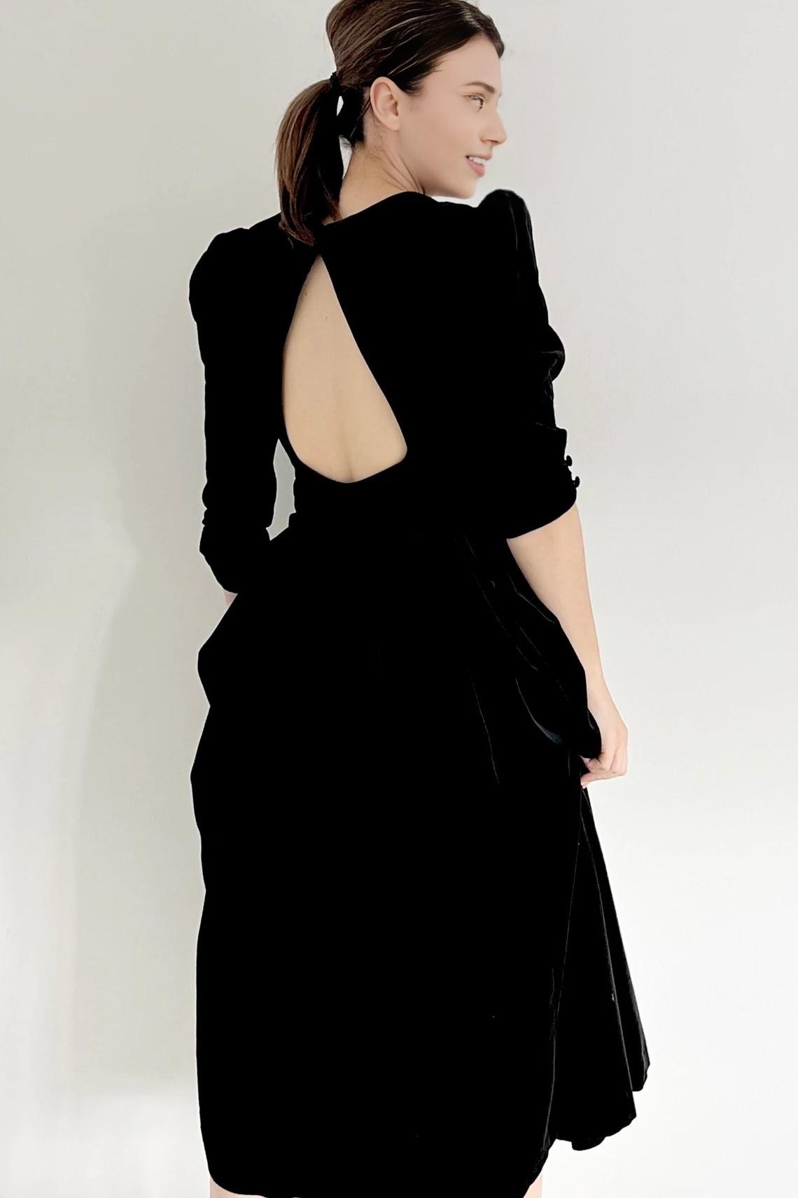 Vintage Bow Dress Black Velvet Dress With A-line Backless Christmas Party Dress Bridesmaid Dress